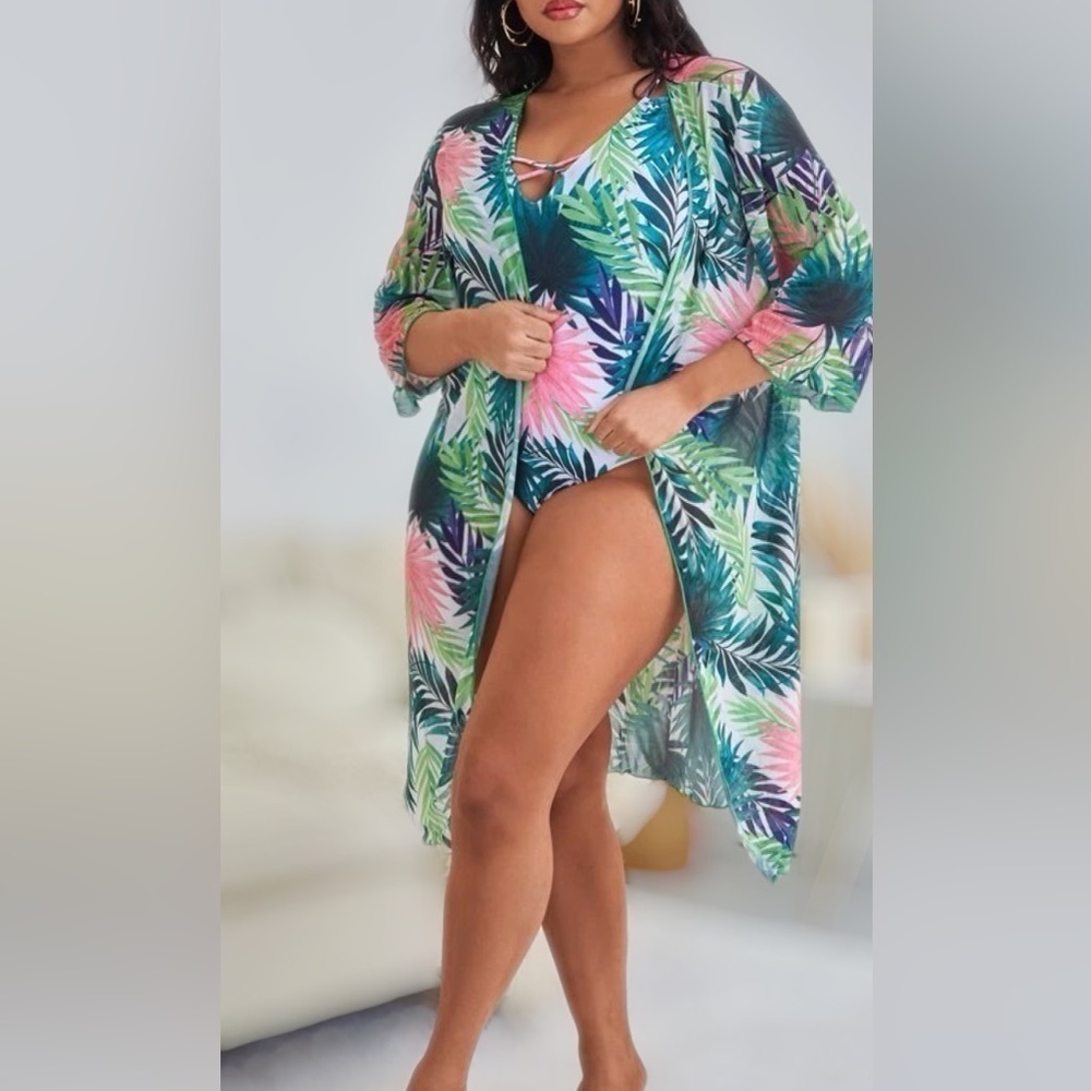 Palm Print Mesh Kimono Swimsuit Bikini Coverup